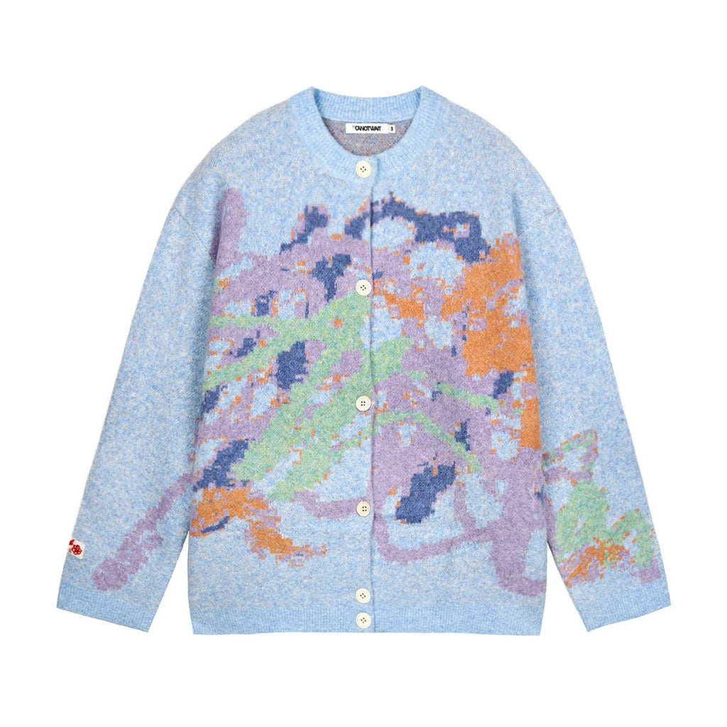 Men's cotton blend graffiti colourful round neck sweater long sleeve loose fit sky blue beige cardigan