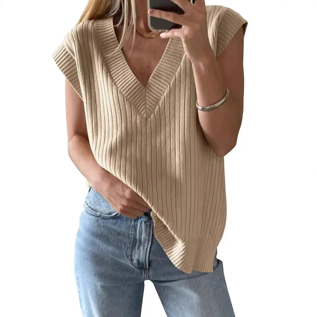 V-neck sleeveless vest in camel colour with stripe pattern, loose casual styling