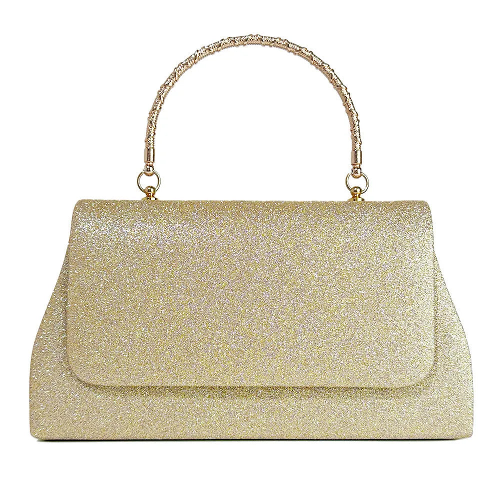 Women's glitter chain handbag in champagne, horizontal square shape, open pocket outer, polyester construction