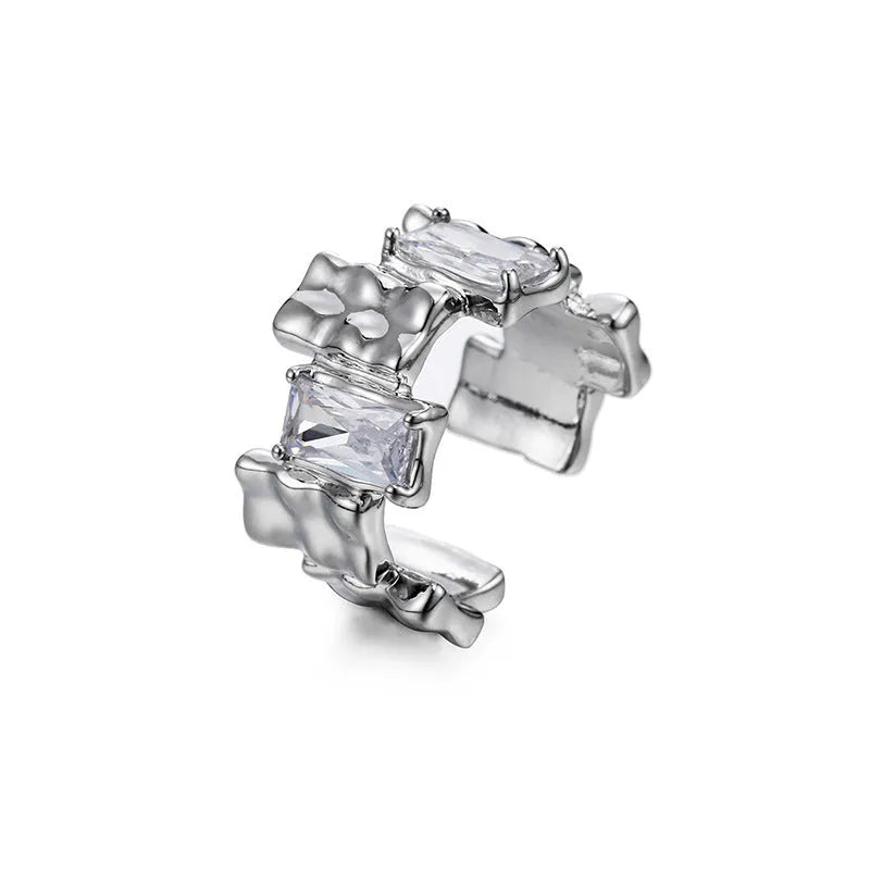Silver geometric cross ring with zircon detailing and open pastoral retro design