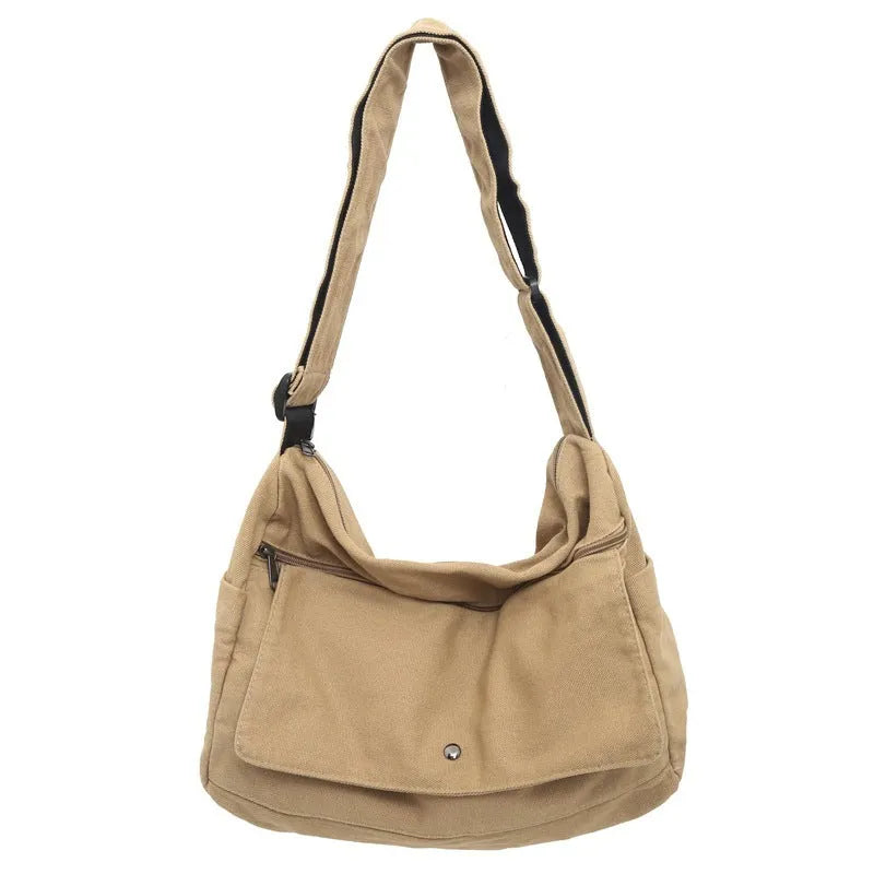 Washed canvas draping women's crossbody bag in black soft horizontal square shape