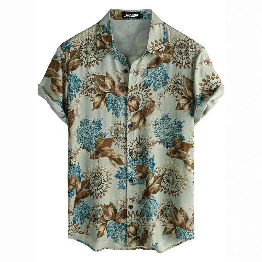 Man wearing a short sleeve Hawaiian print shirt with floral pattern and elastic fabric.