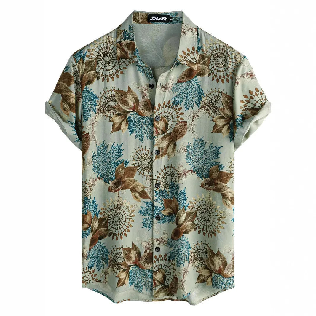 Man wearing a short sleeve Hawaiian print shirt with floral pattern and elastic fabric.