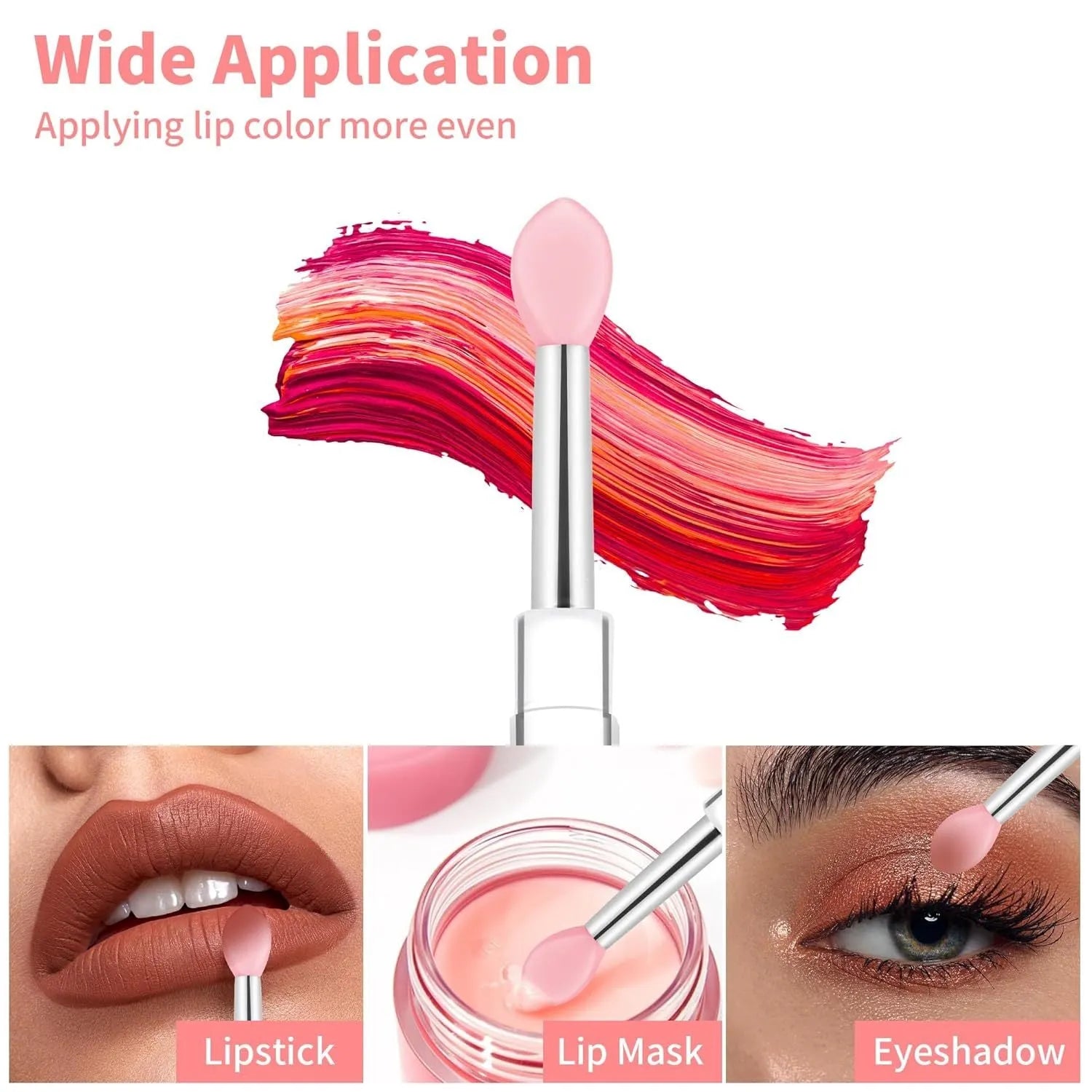 Reusable silicone lip brush with protective cap in one of eight colours: blue, pink, purple, red, rose red, skin colour, white, or yellow.