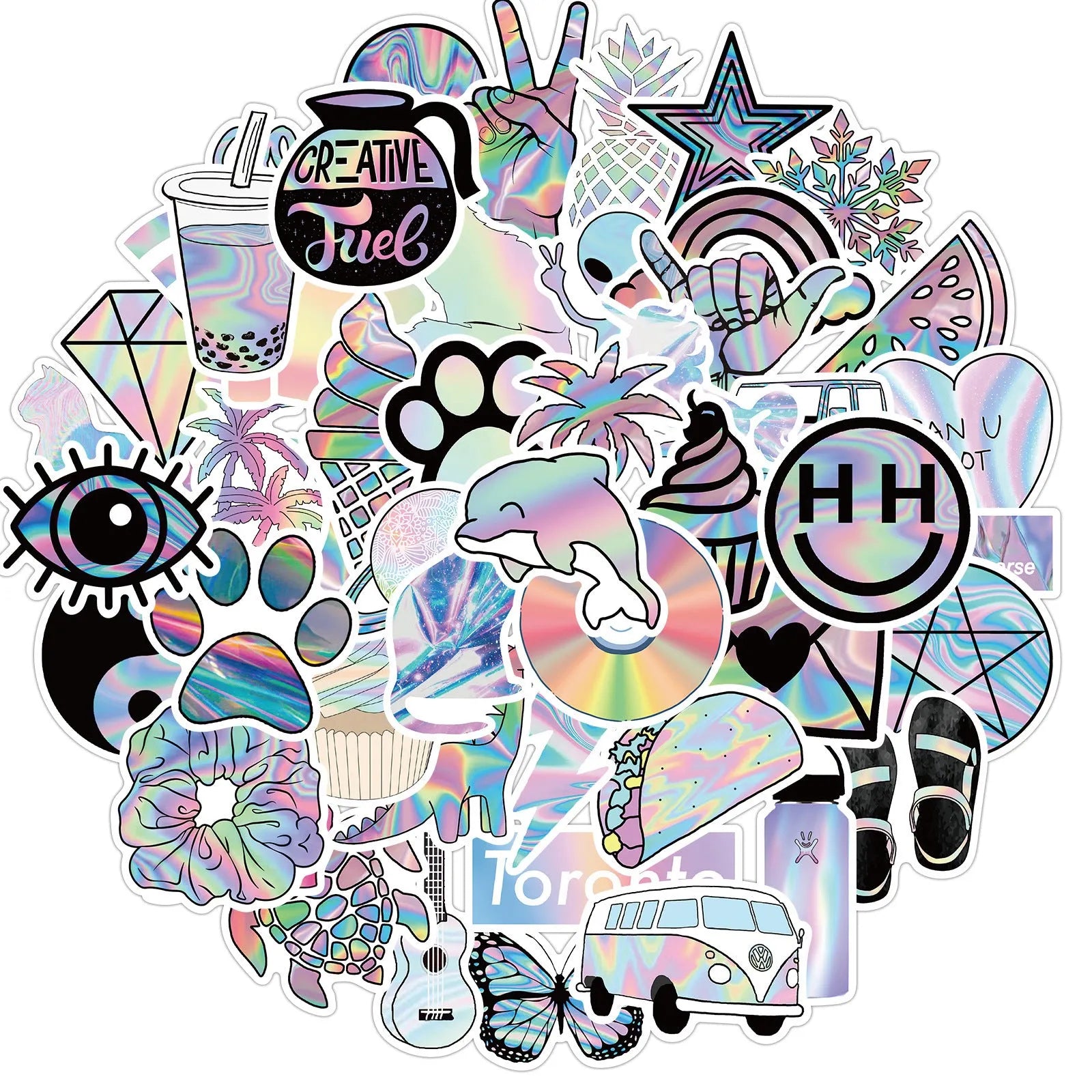 50 cartoon PVC waterproof stickers in assorted graffiti styles including astronaut, drink, and animal designs on a white background