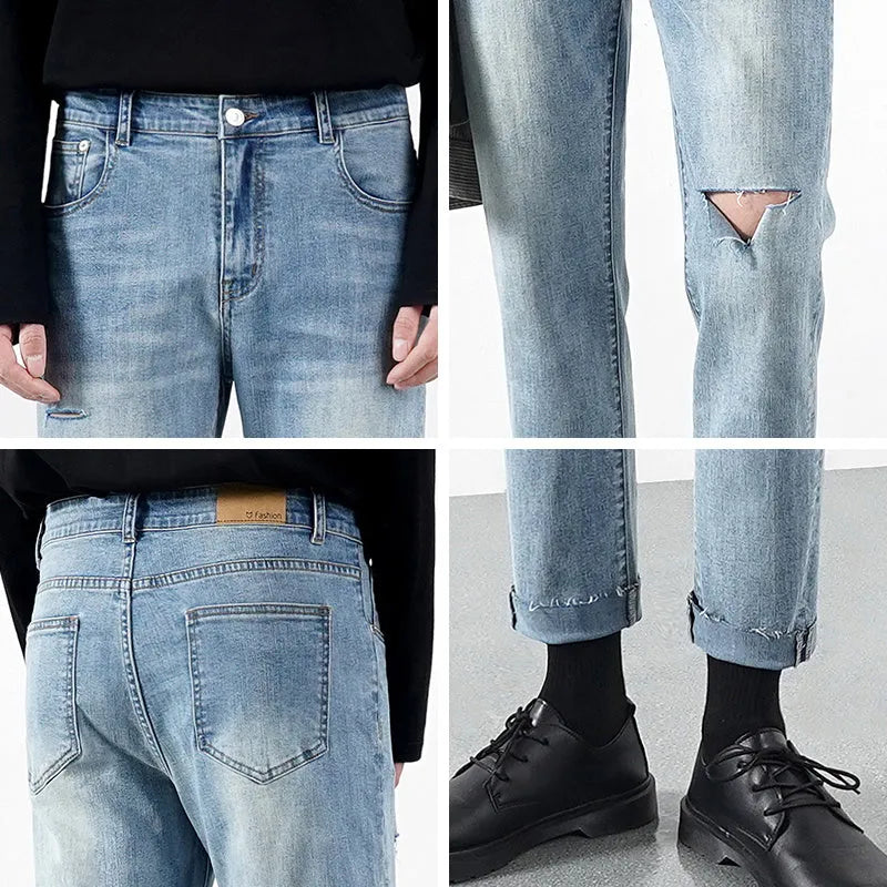 Men's light blue ripped jeans with microelastic cotton blend fabric, shown flat for size reference