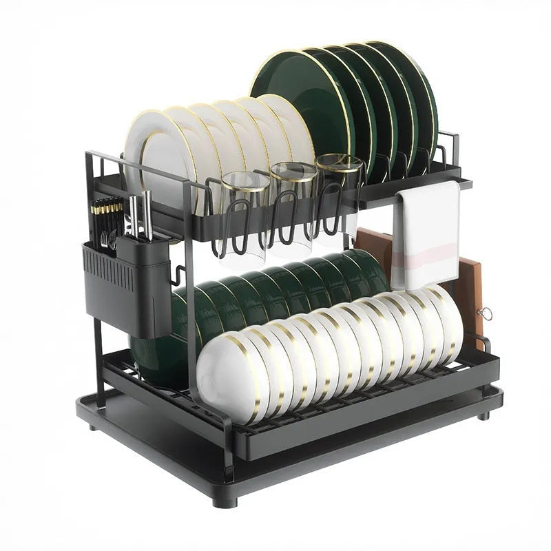 White double-layer kitchen storage rack with removable draining component on counter