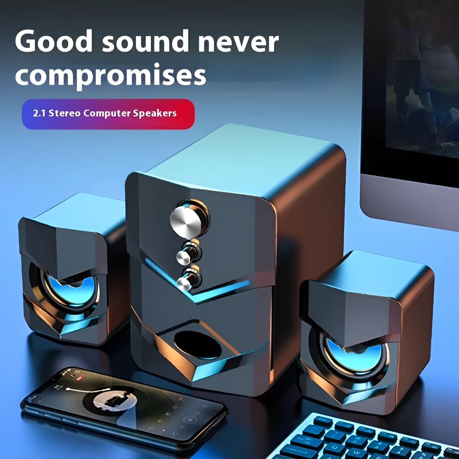 USB powered 2.1 channel plastic desktop speaker in black with knob control