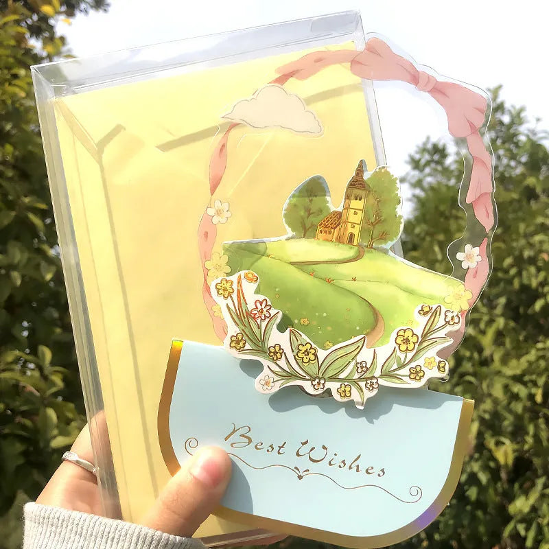 Handmade 3D boxed greeting card with butterfly shape, hot stamping, and artificial flowers on coated paper.