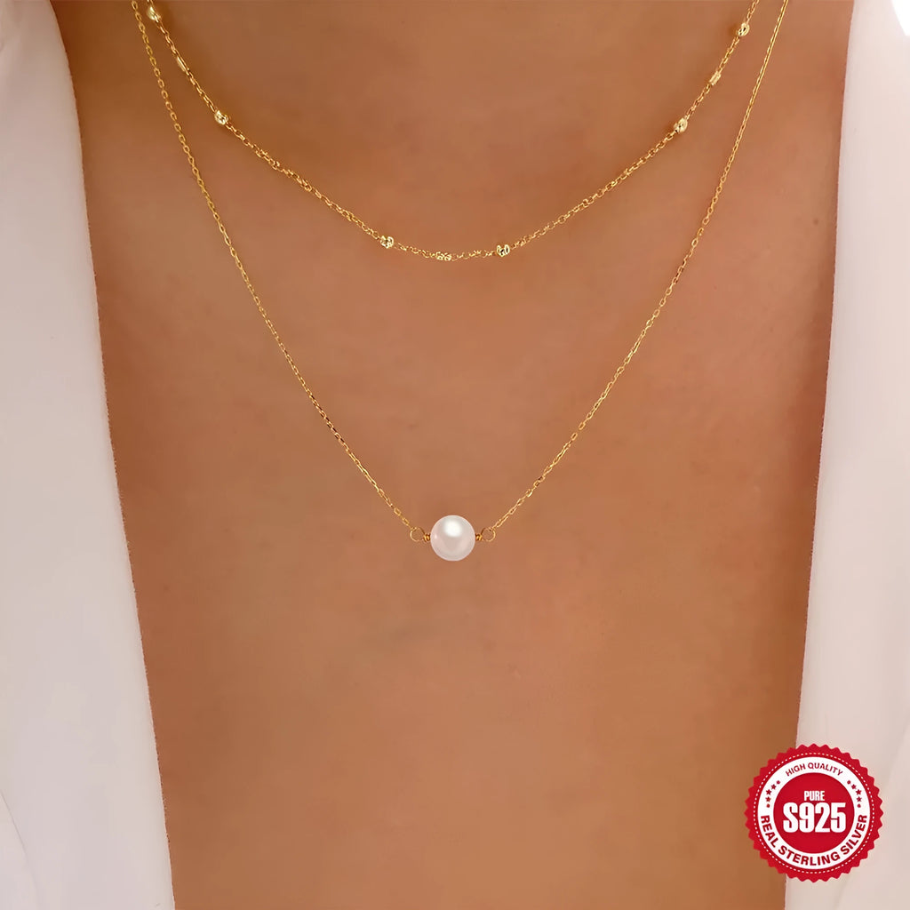 S925 sterling silver double layer necklace with twin pearls on geometric pendant and ball bead chain