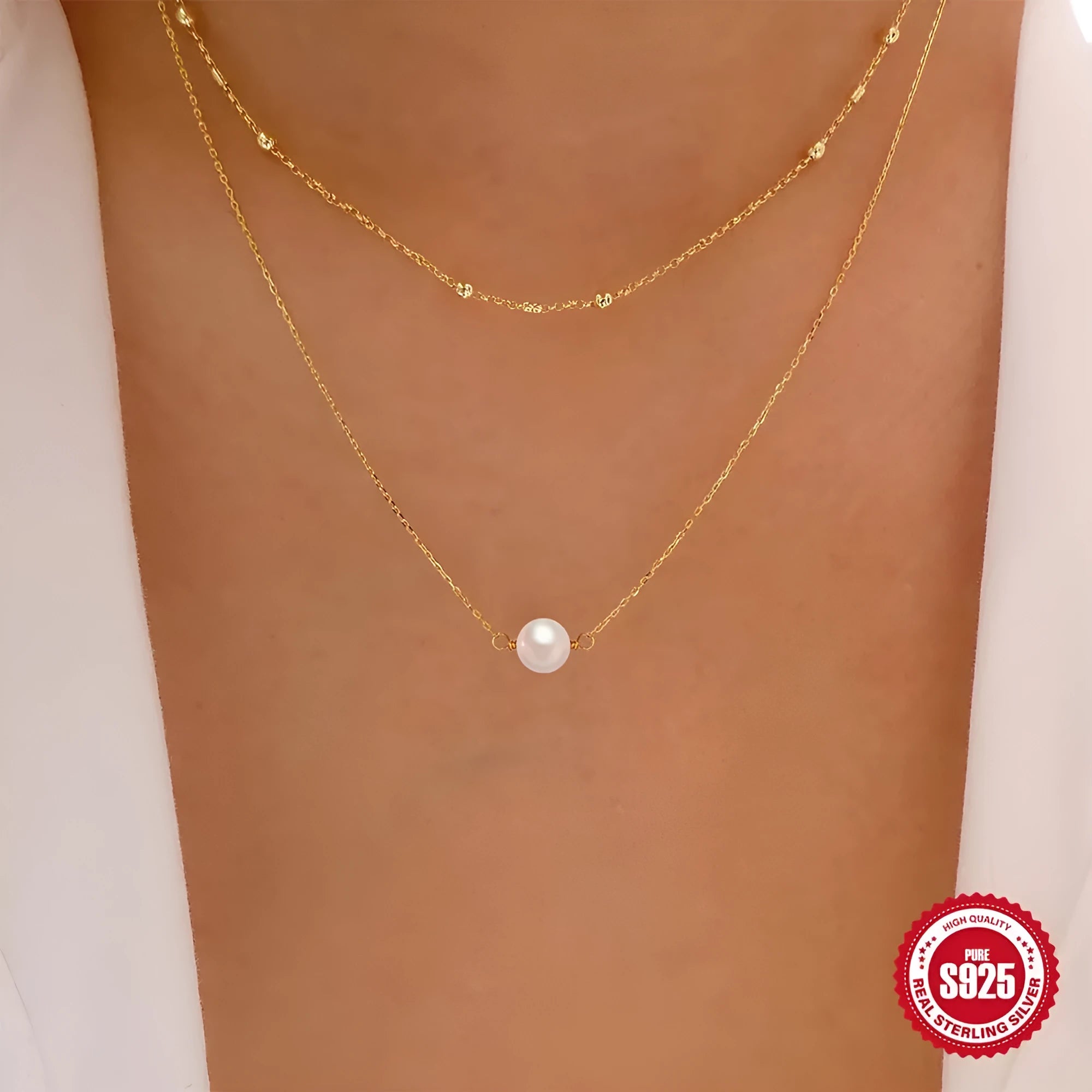 S925 sterling silver double layer necklace with twin pearls on geometric pendant and ball bead chain