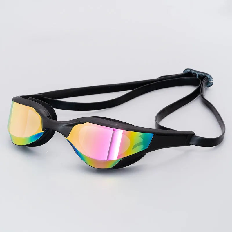 Adult swimming goggles with anti-fog HD lenses and a black silicone seal, shown with a plastic mirror case.