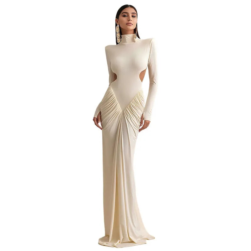 Long sleeve high collar backless pleated dress in solid colour options