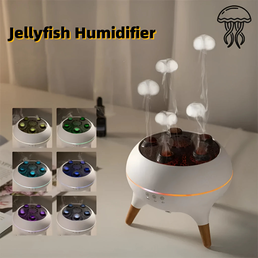 White jellyfish-shaped ultrasonic humidifier and aroma diffuser with remote control and timer on a table