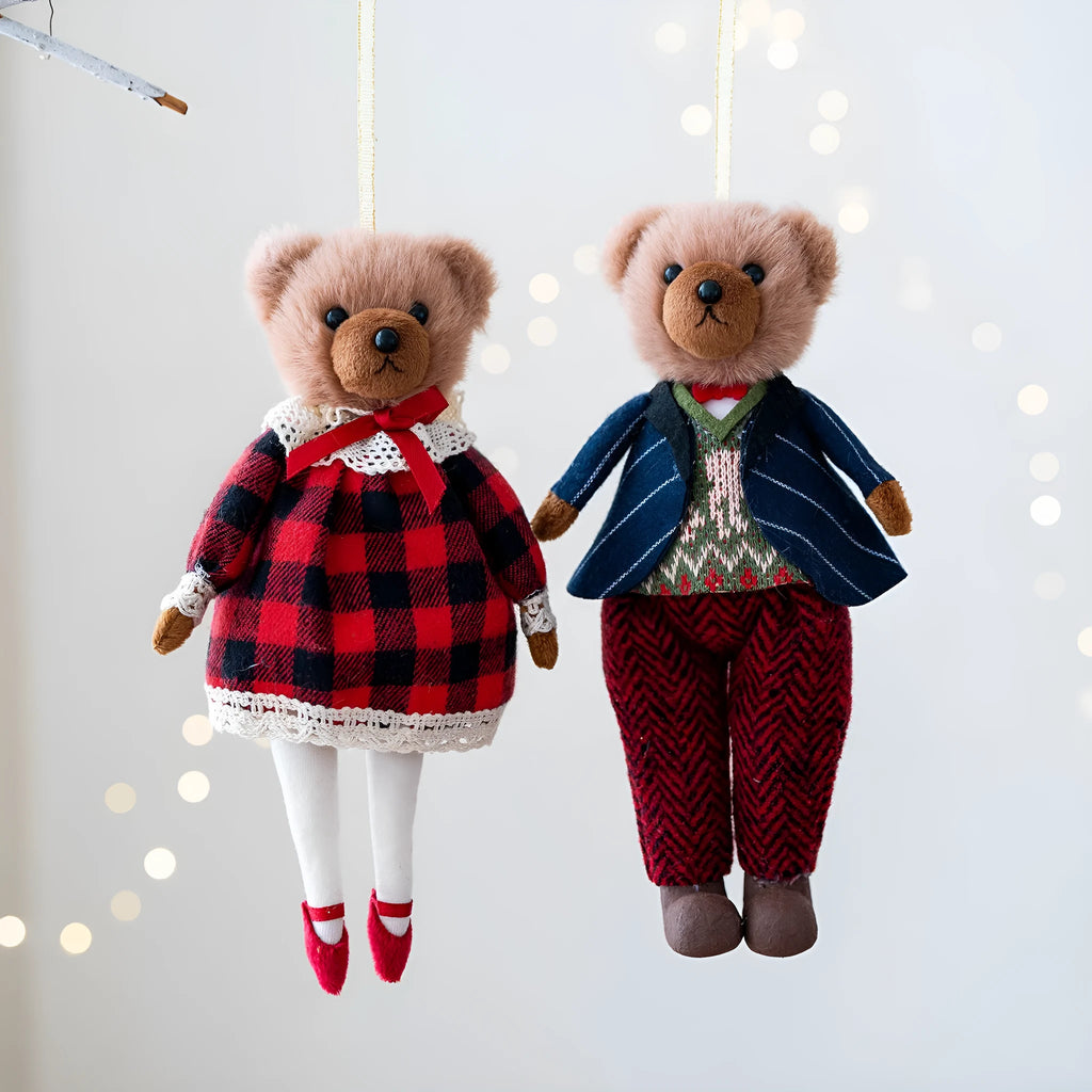 Princess and Gentleman plush bear dolls wearing cotton suits with plaid patterns