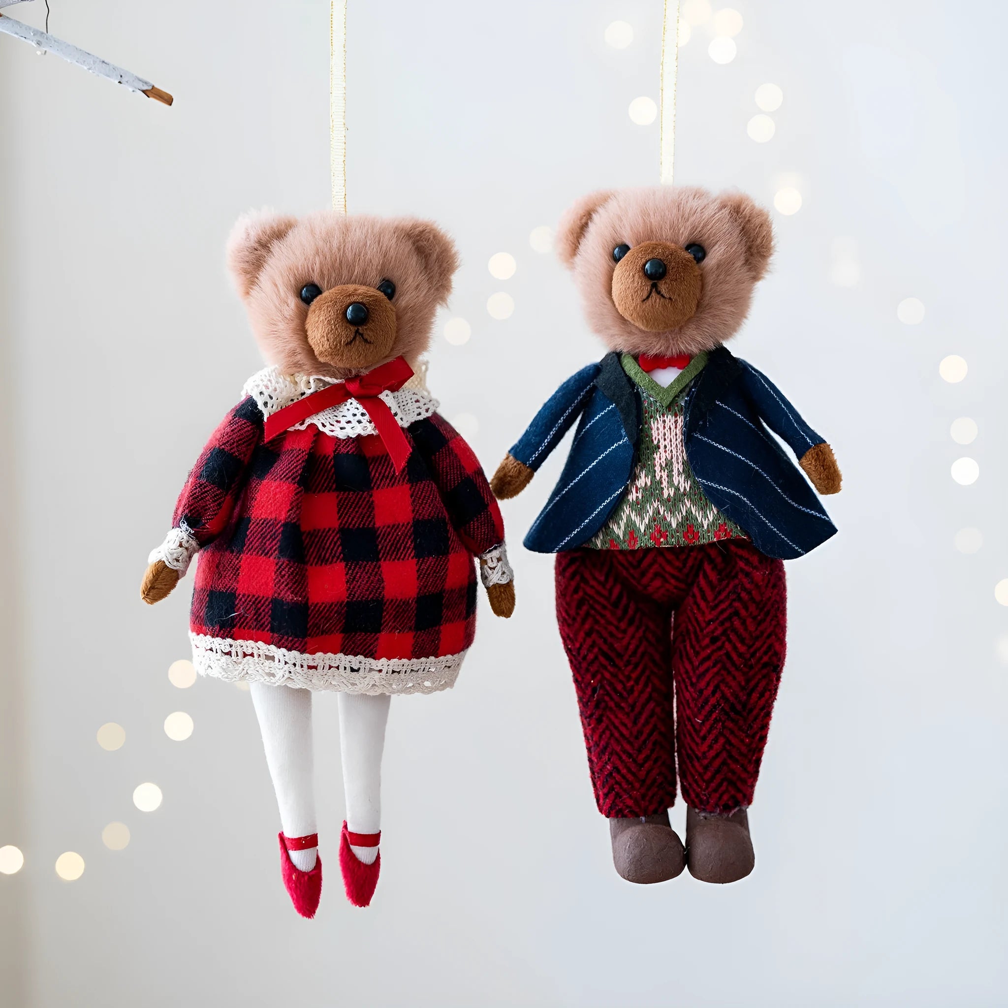 Princess and Gentleman plush bear dolls wearing cotton suits with plaid patterns