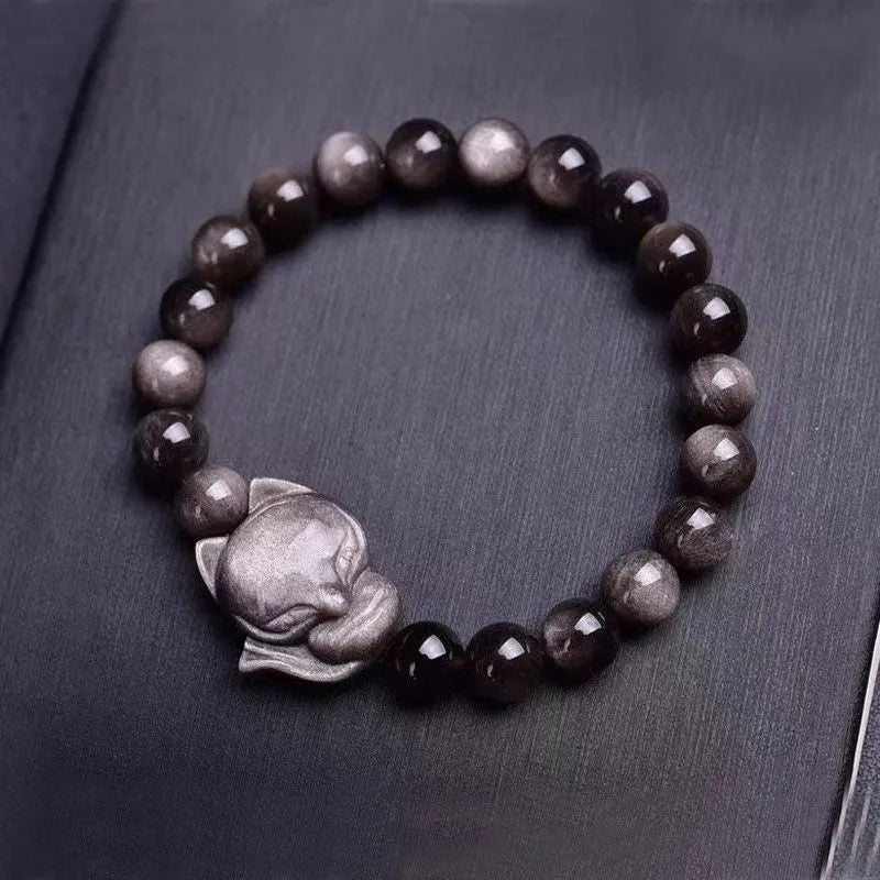 Obsidian bracelet with silver fox charm and 8mm polished bead