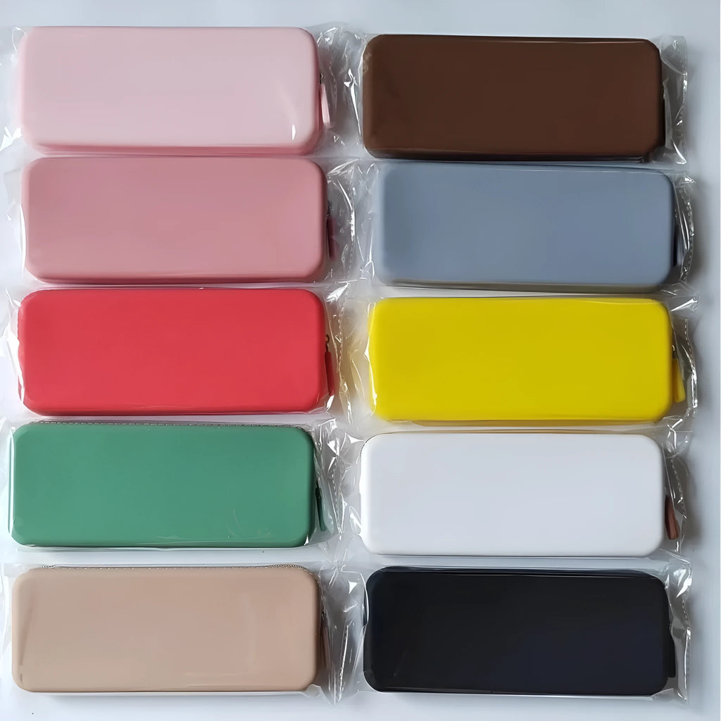Silicone dustproof travel makeup brush storage bag in various colours, showing size 20x8x2.5cm.