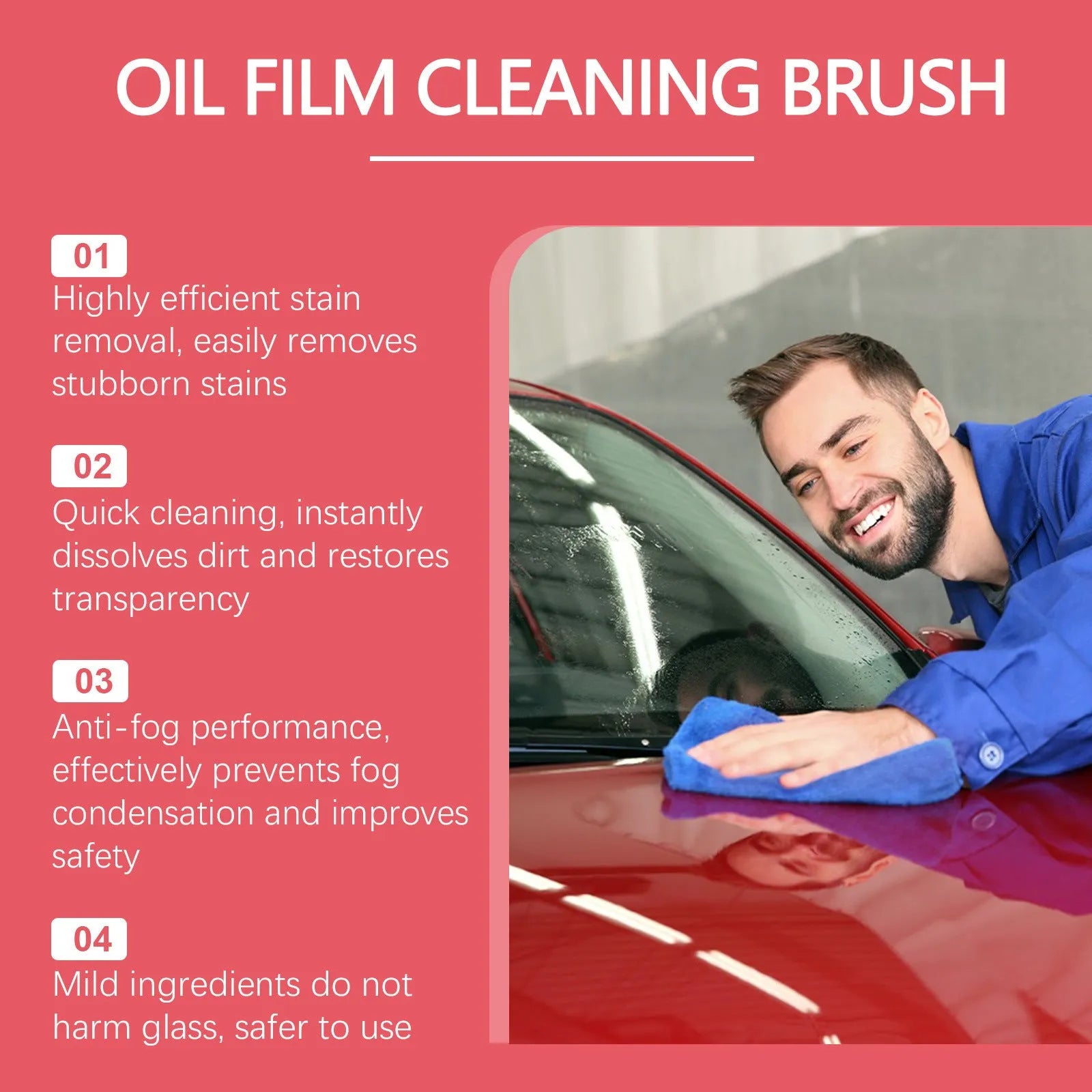 Car glass oil film cleaner with integrated liquid brush and reusable foam sprayer on a windshield