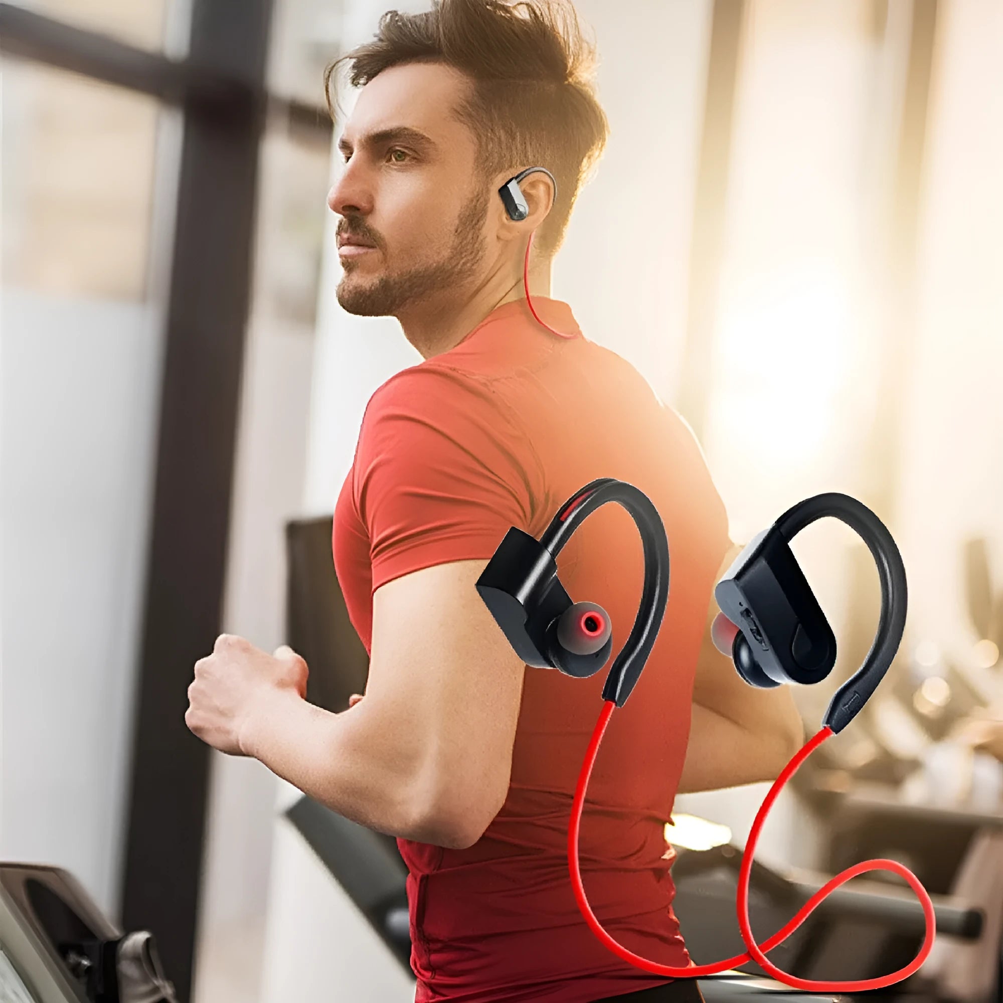 Wireless neck-mounted Bluetooth earphones in black, blue or red colours showing neckband and earpieces