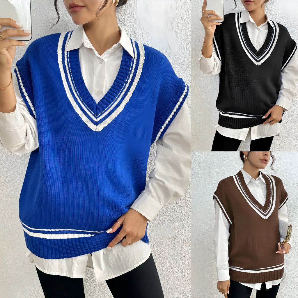 Women's casual vest sweater in wool blend fabric with loose fit and college style design