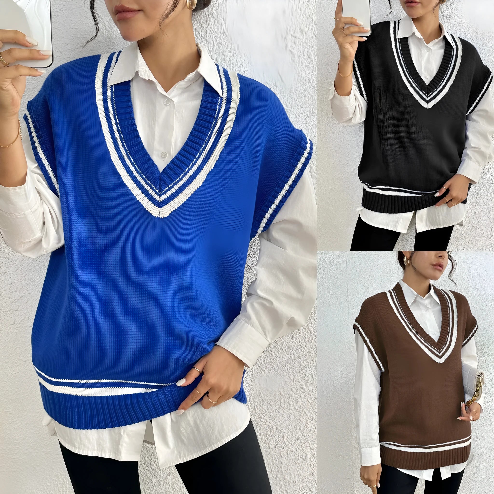 Women's casual vest sweater in wool blend fabric with loose fit and college style design