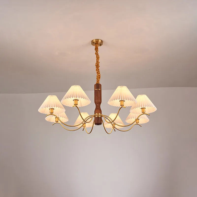 American retro walnut wood wall lamp with fabric shade on a wooden bedside table