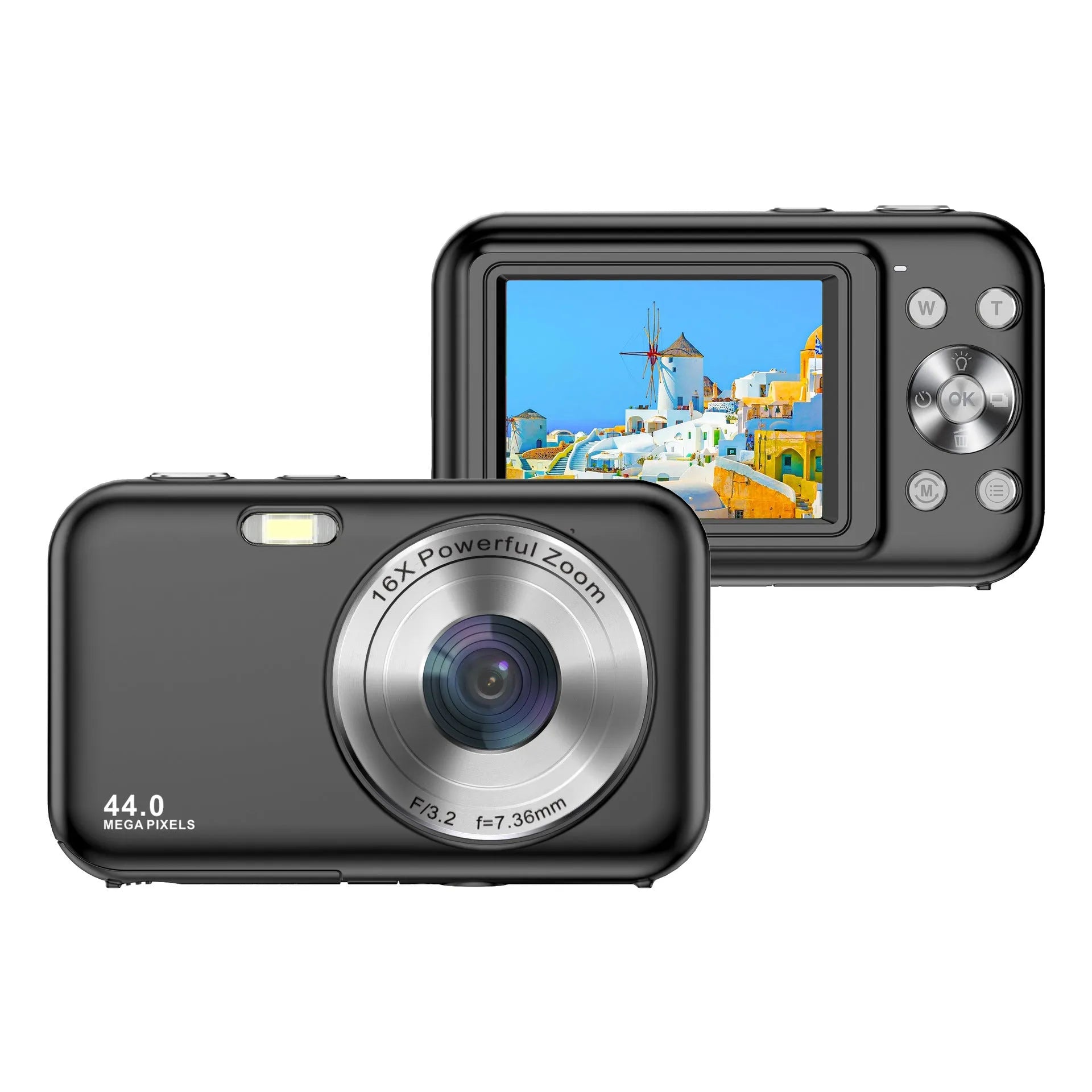 Children's digital camera in black, green, pink, or purple with 2.4-inch screen and lens.