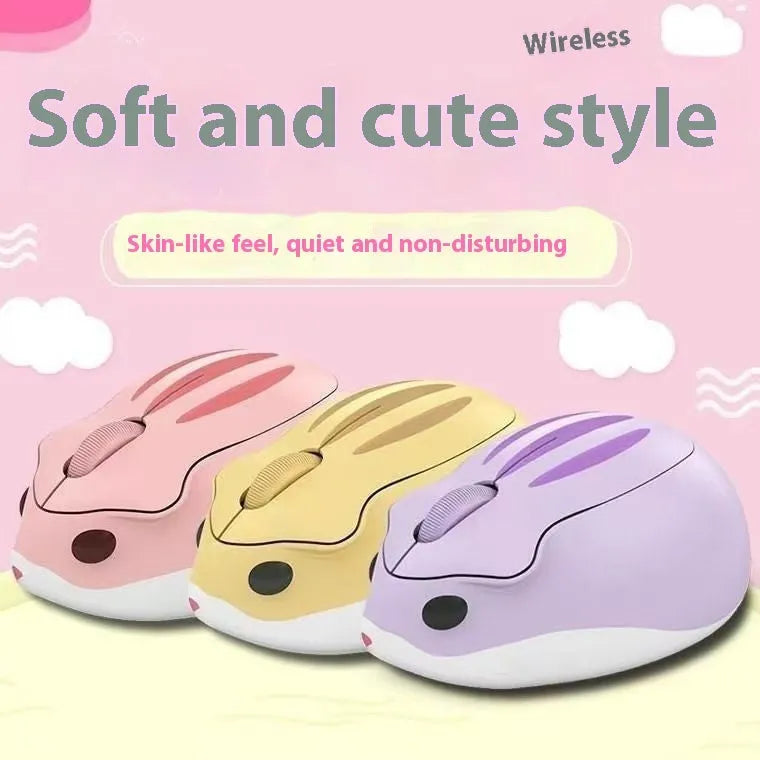 Yellow Bluetooth wireless mouse next to hamster habitat showing compact 105mm size