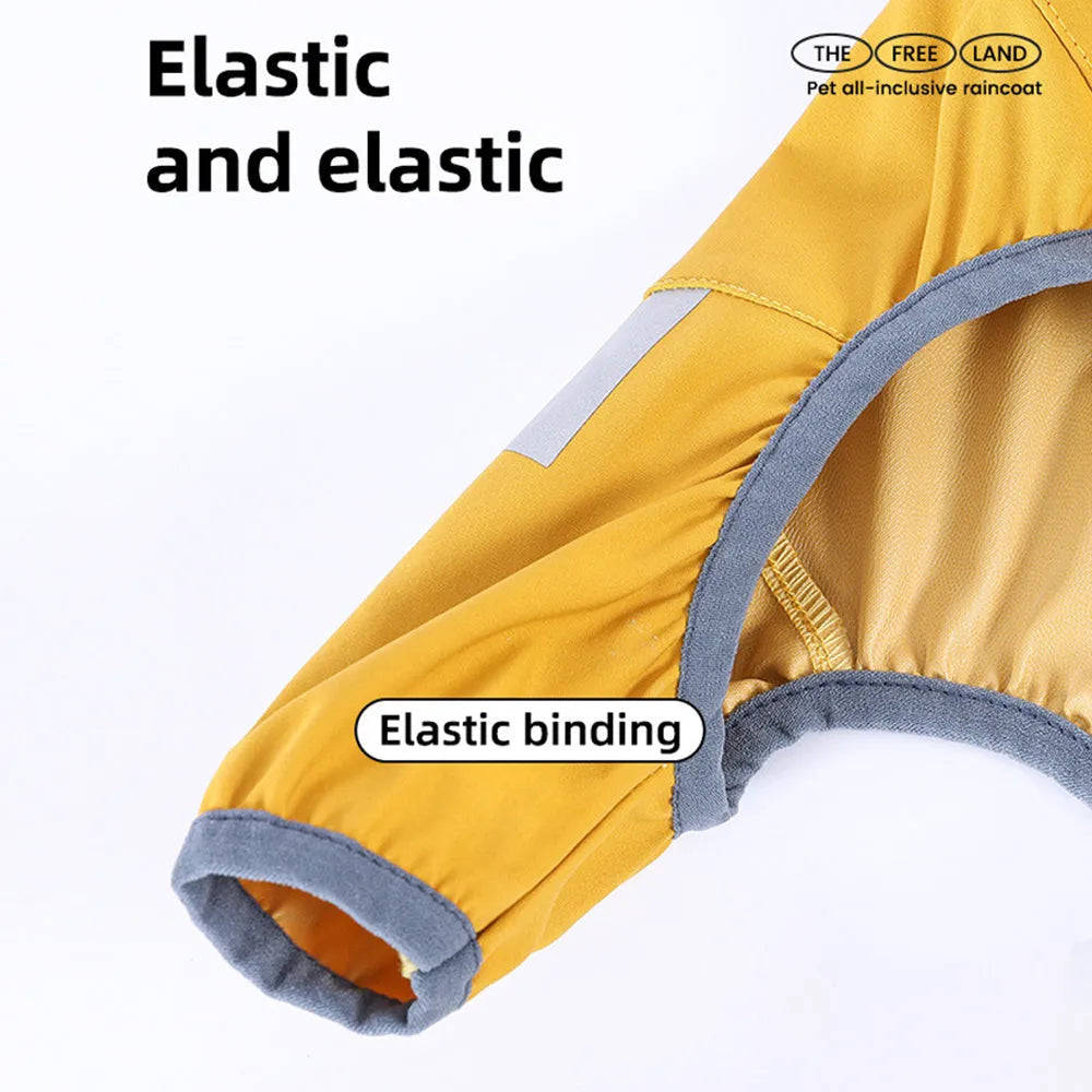 Waterproof dog raincoat with hood, reflective strips, and four-leg design on a small dog