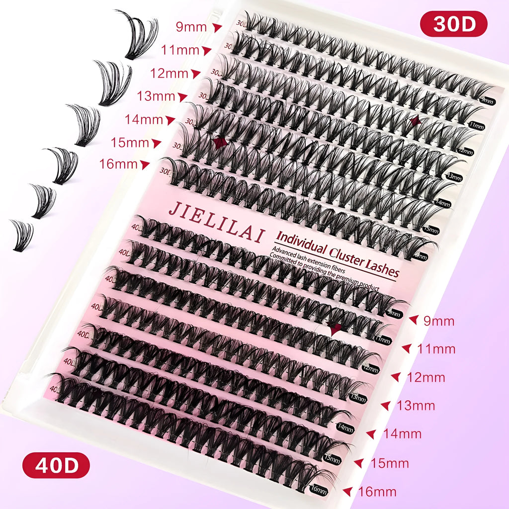 DIY cluster false eyelashes mixed package showing 30D and 40D thicknesses with tweezers