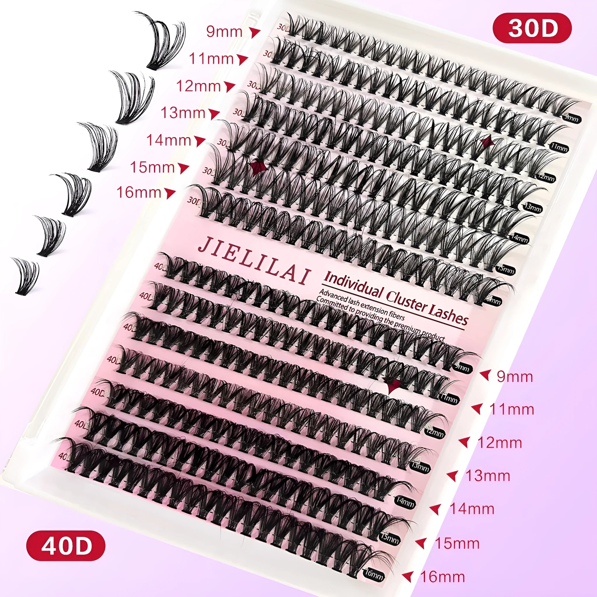 DIY cluster false eyelashes mixed package showing 30D and 40D thicknesses with tweezers