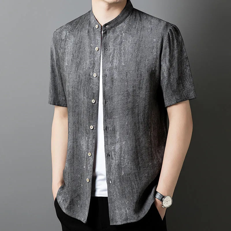 Men's solid colour linen shirt with stand collar in loose cardigan style