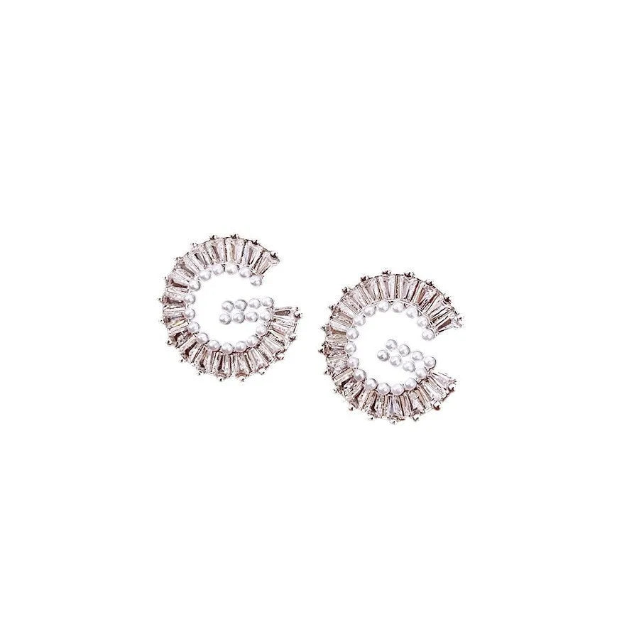 Silver alphabet letter earrings with imitation pearl and inlaid zircon for women light luxury fashion