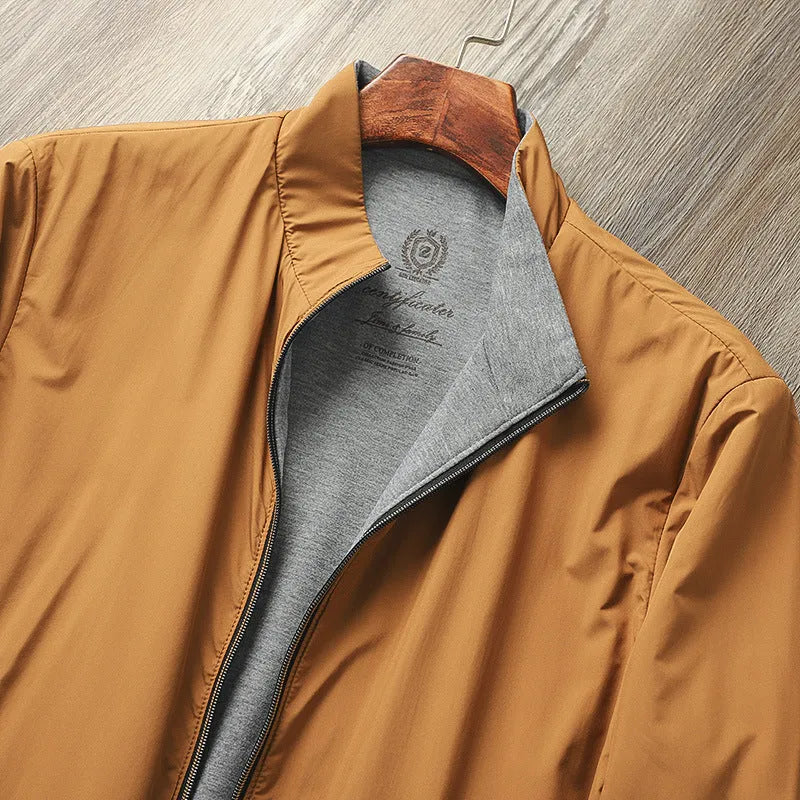 Men's stand collar jacket in polyester blend with cotton lining, shown in Army Green colour.