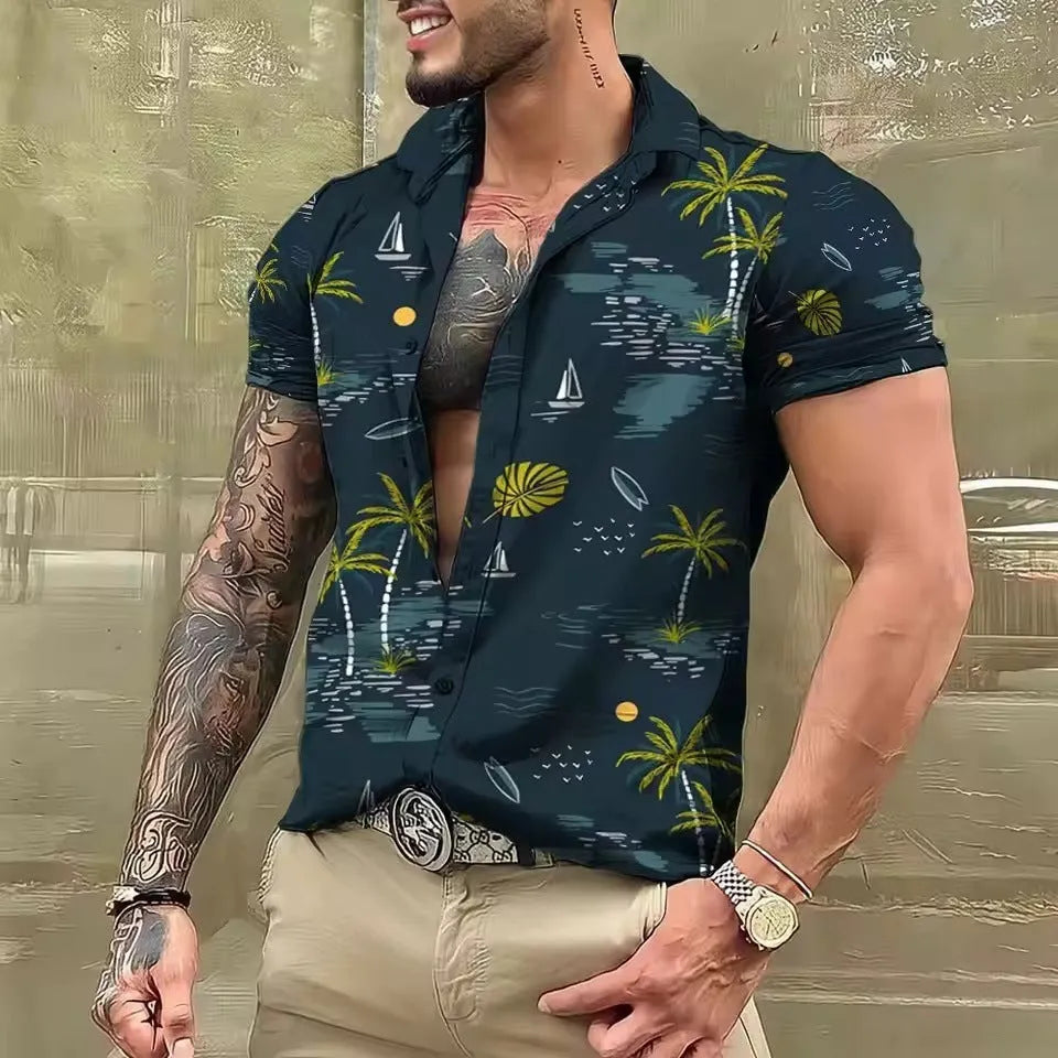 Men's loose fit floral printed beach shirt in polyester fabric with short sleeves