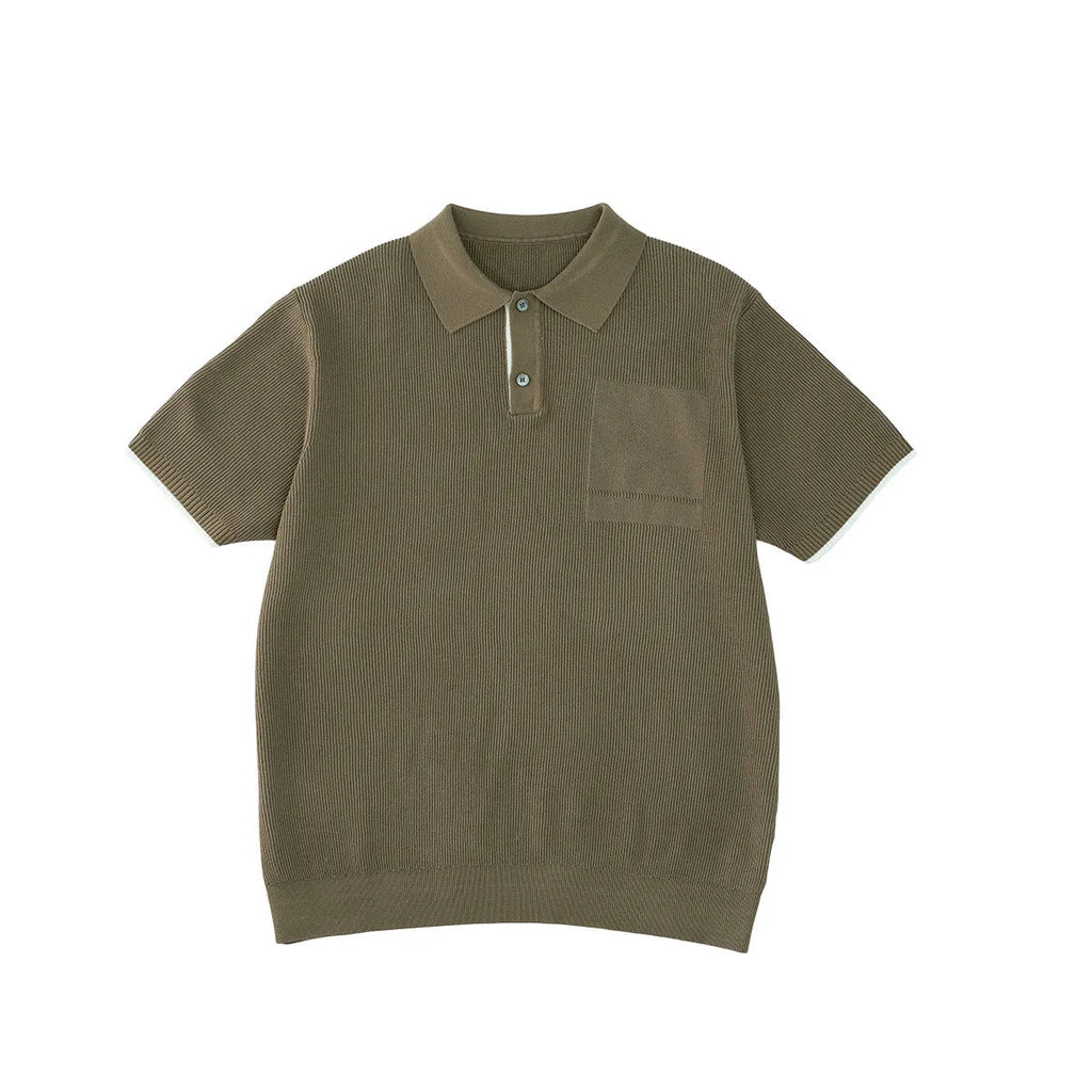 Men's summer casual sweater in solid colour with contrast colour lapel, short sleeves, polyester blend