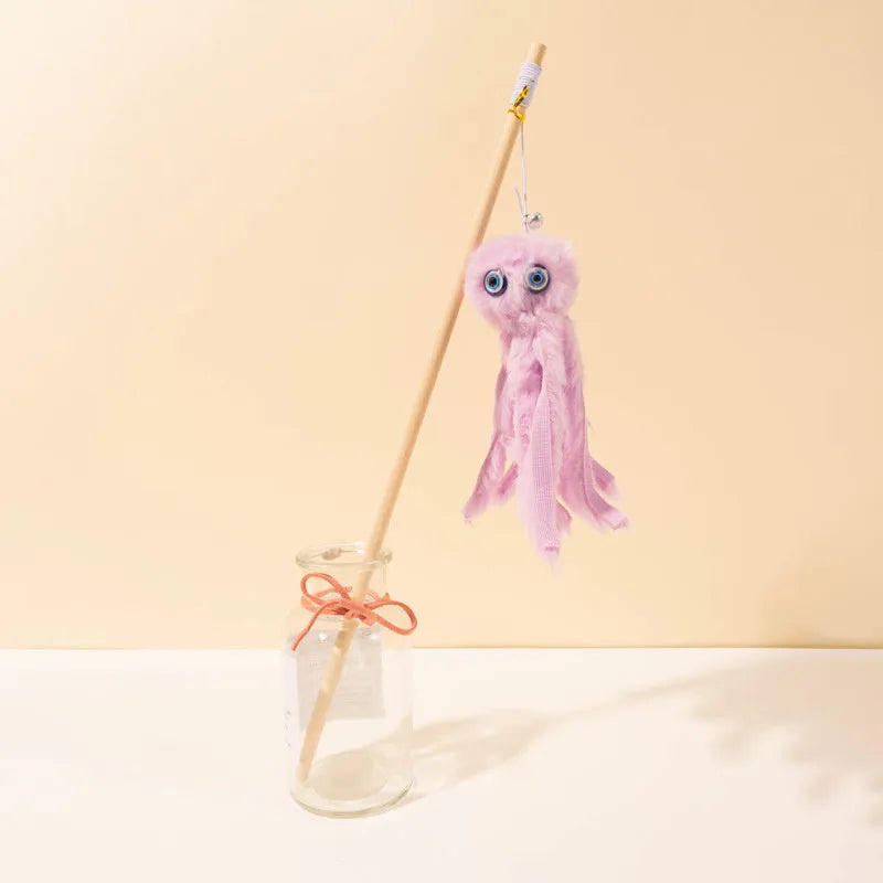 Octopus theme cat toy with long stick in bright colours for indoor kitten play