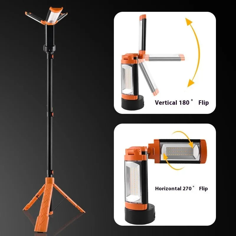 Retractable folding charging camping lantern with bracket in black and orange for outdoor lighting