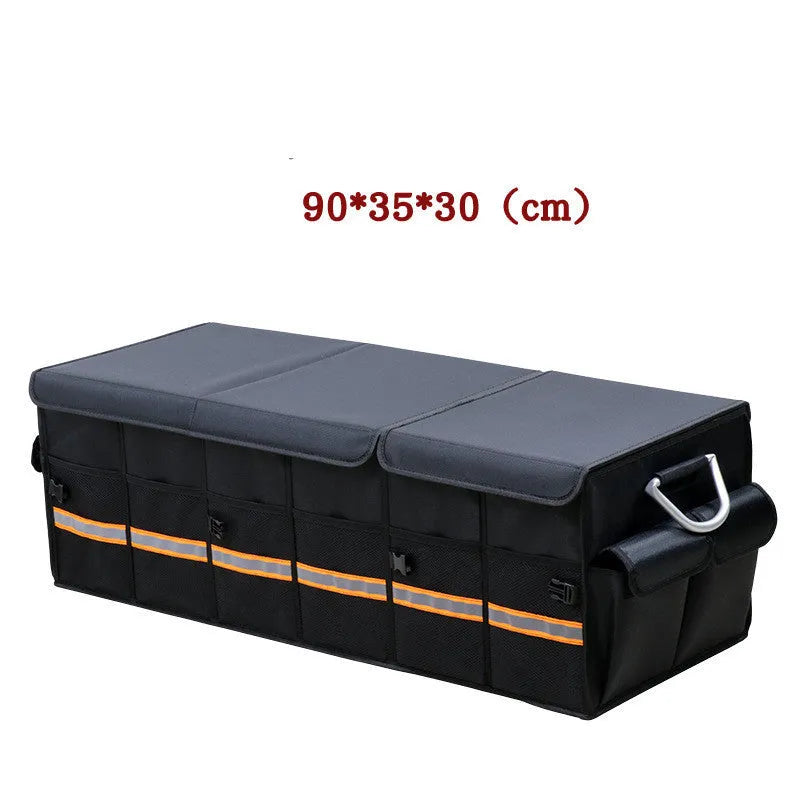 Foldable heavy-duty car trunk organizer in black with cover, 100L capacity, divided sections