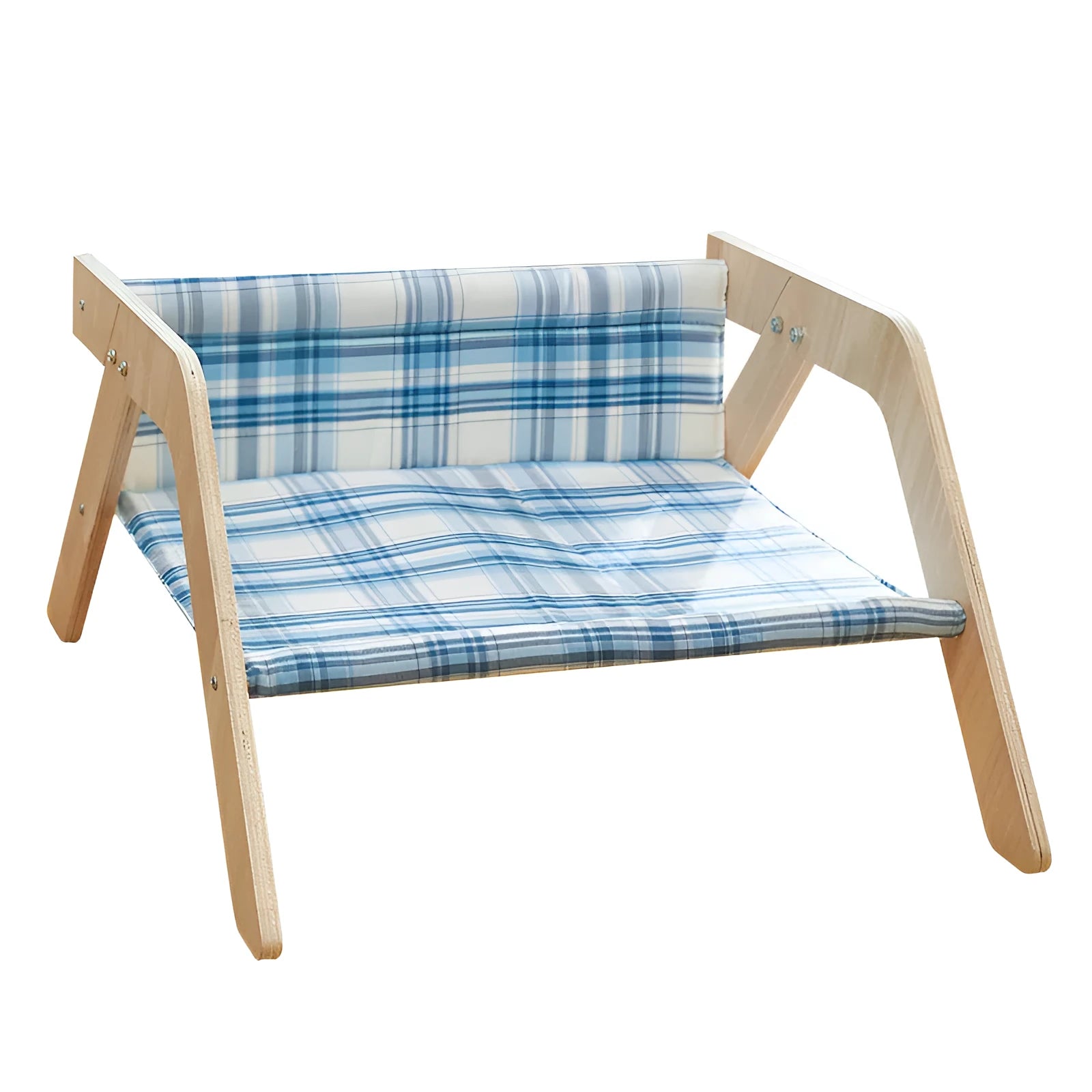 Wooden elevated cat bed hammock with cloth cushion in blue or green colour.