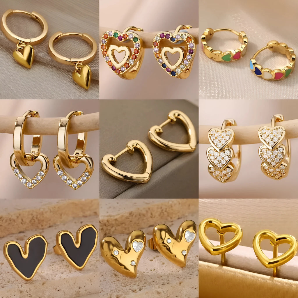 Women's heart-shaped stainless steel ear clip earrings with zircon love motif detail