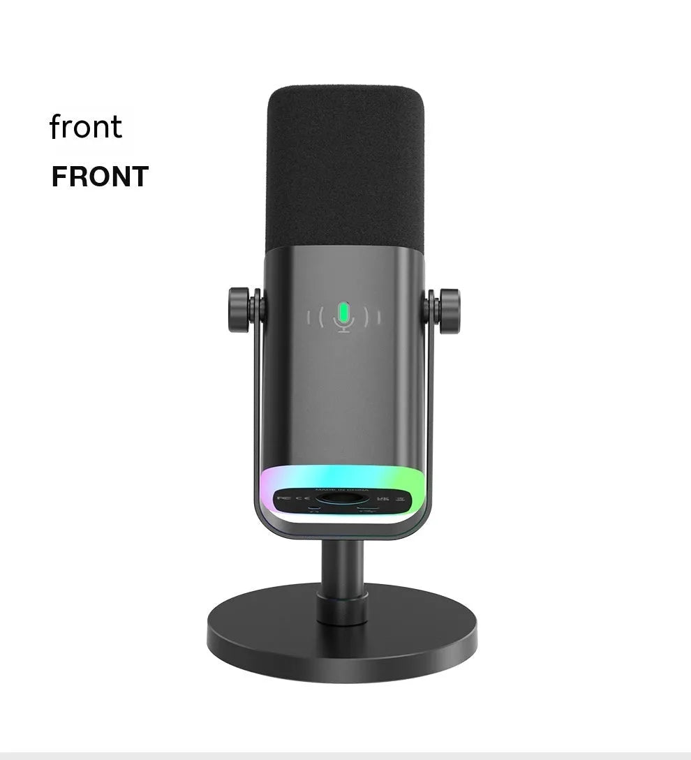 Black dynamic noise reduction microphone with XLR and USB ports on desktop base
