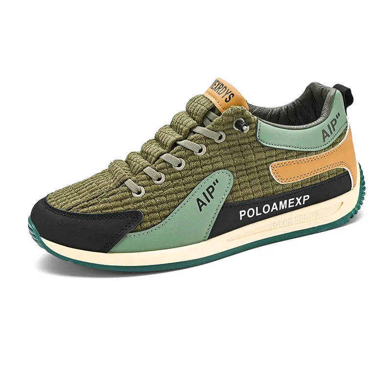 Men's grey and green mesh running shoes with lace-up closure and round toe