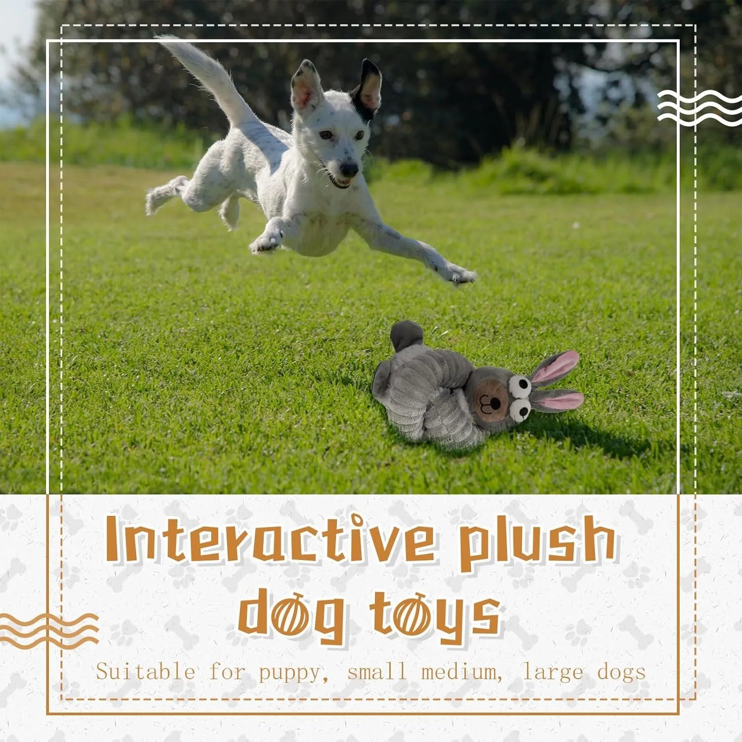 Brown, grey, and yellow plush dog toys with a foldable design and crinkle sound features.