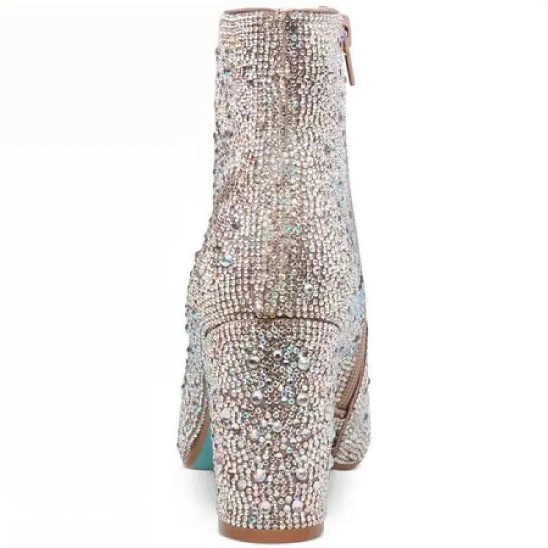 Rhinestone pink suede over-the-knee boots with side zipper and pointed toe