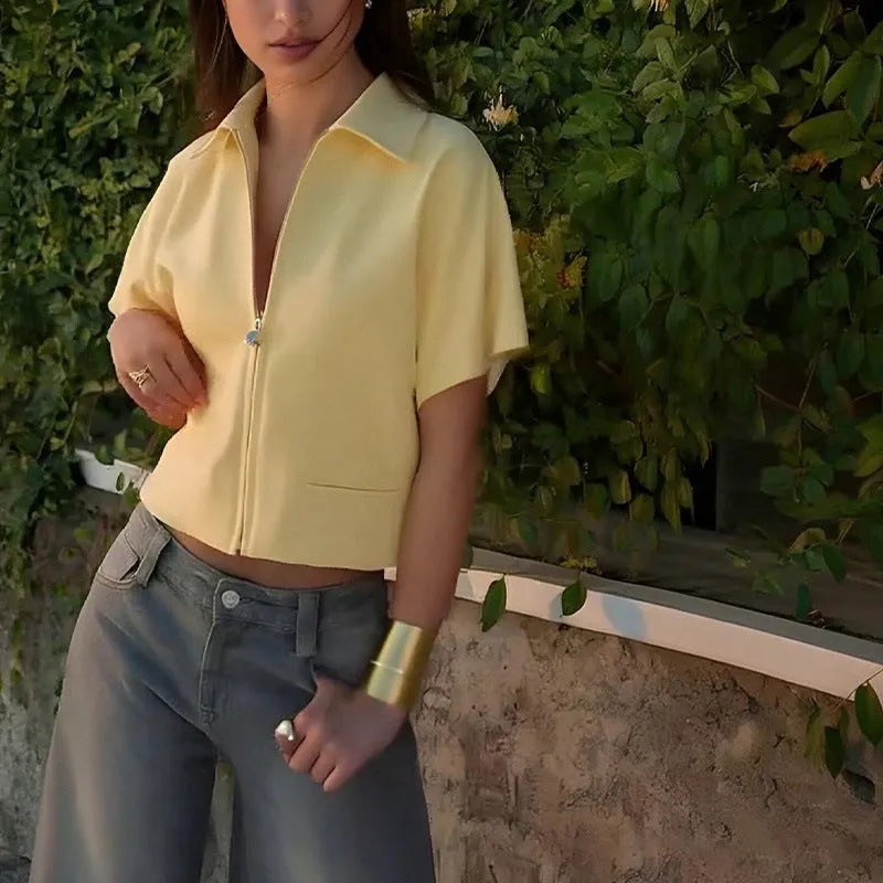 Women's loose fit short sleeve polyester casual top in white black and yellow