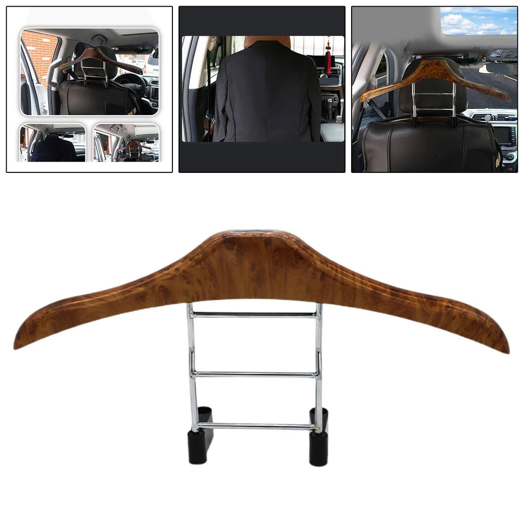 Wood yellow stainless steel and ABS car mounted clothes hanger measuring 46.5 by 23 cm