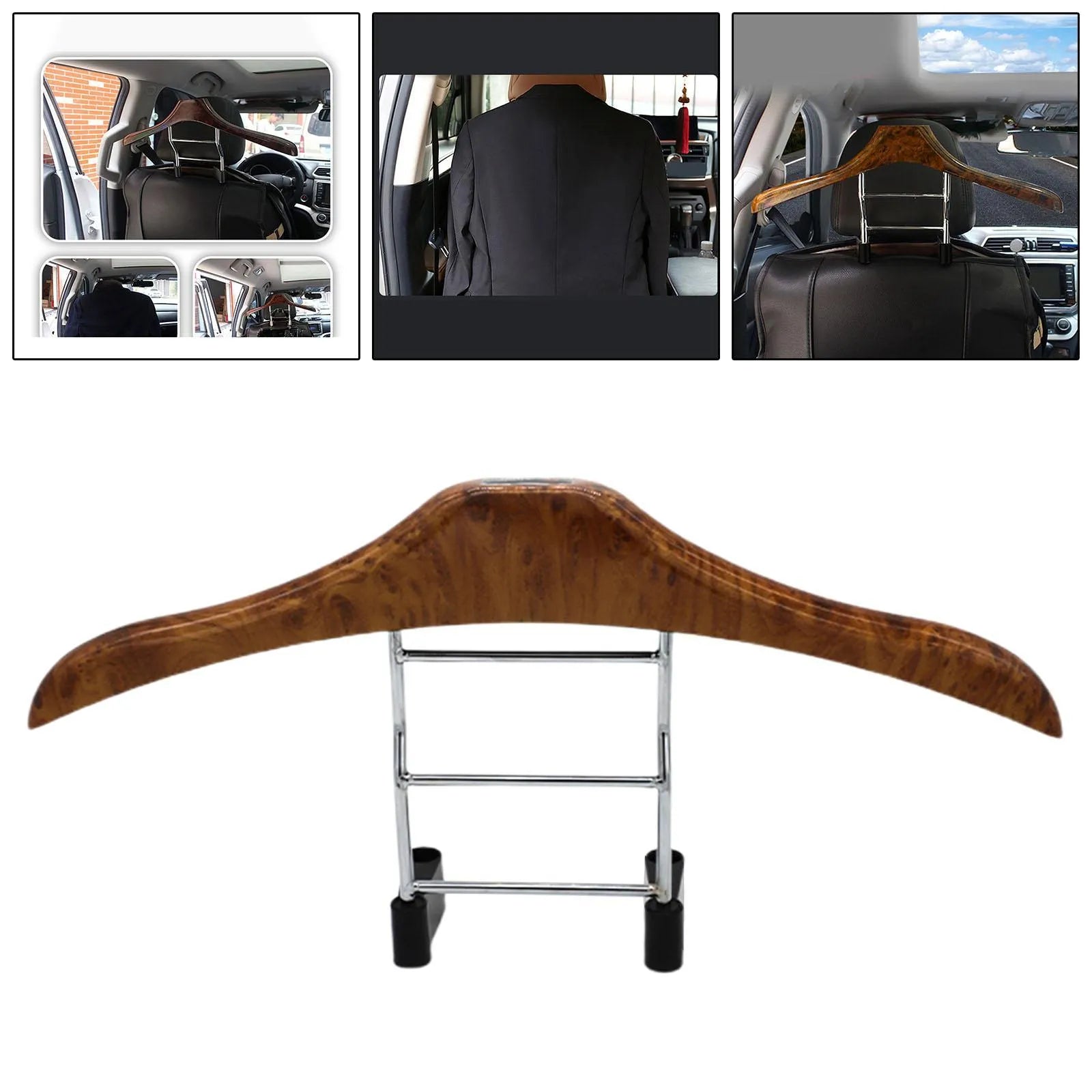 Wood yellow stainless steel and ABS car mounted clothes hanger measuring 46.5 by 23 cm
