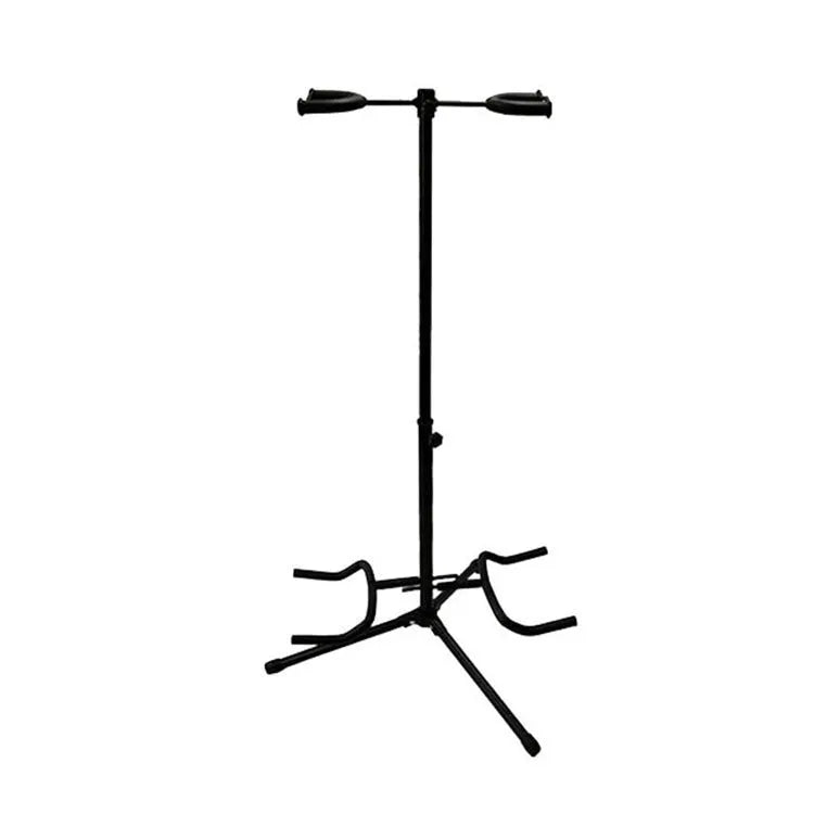 Black vertical adjustable guitar stand showing height mechanism and double-headed design